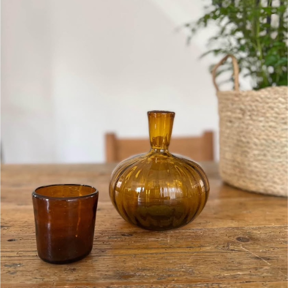 Vintage amber blown glass dome decanter with cup
